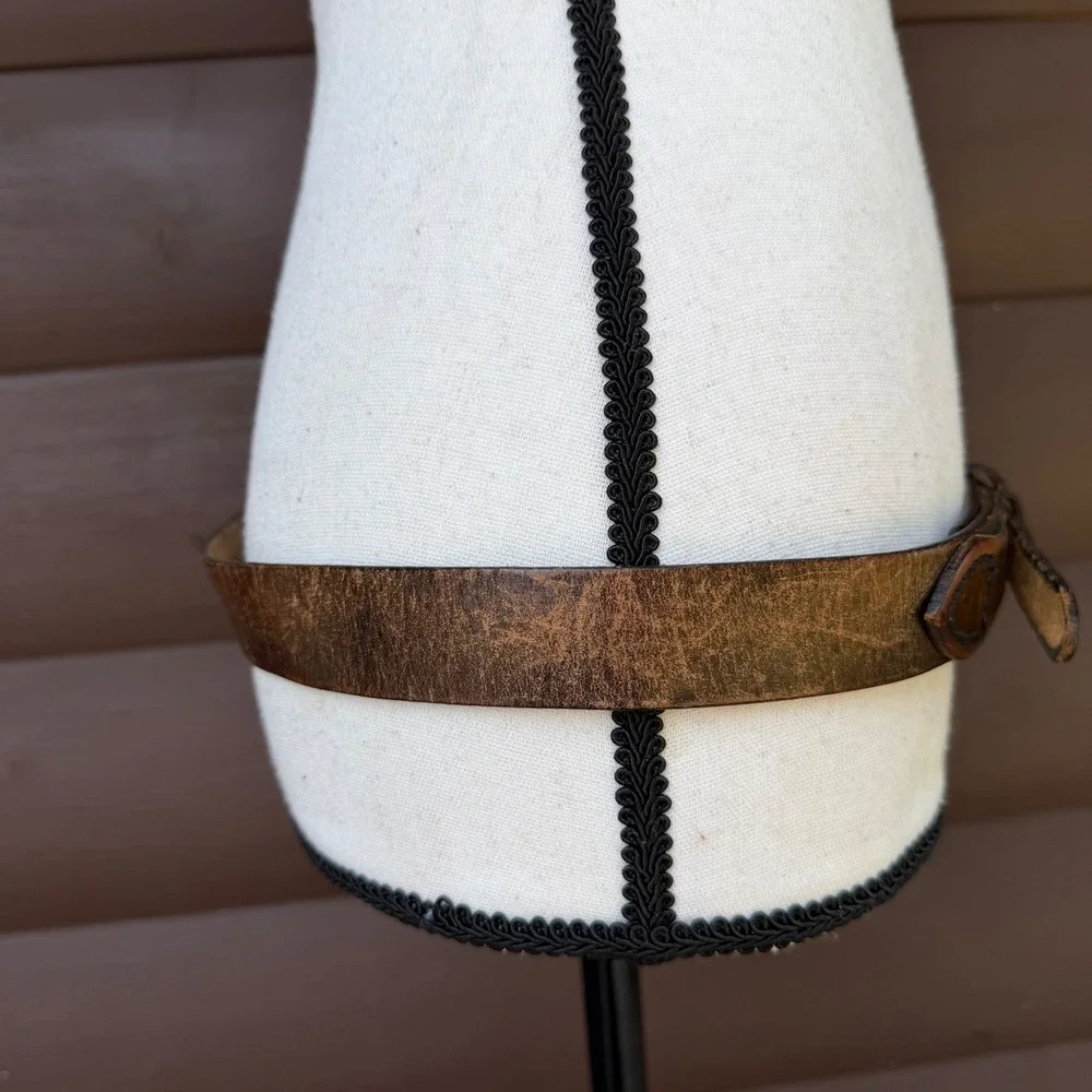 Vintage Distressed Leather Double Strap Belt Unisex Brown Brass Hardware 33-39